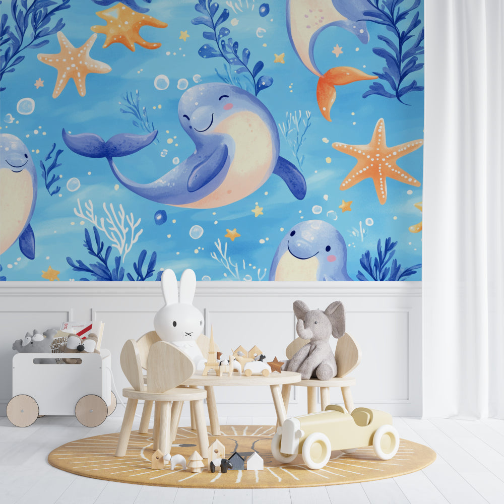 Sea life wallpaper adding charm to a coastal-style children's room