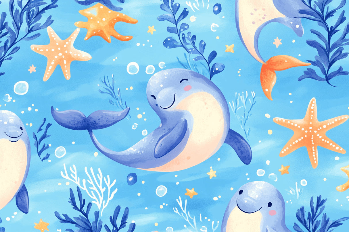 Design file showing detailed whale and starfish pattern with soft watercolor textures