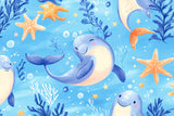 Design file showing detailed whale and starfish pattern with soft watercolor textures