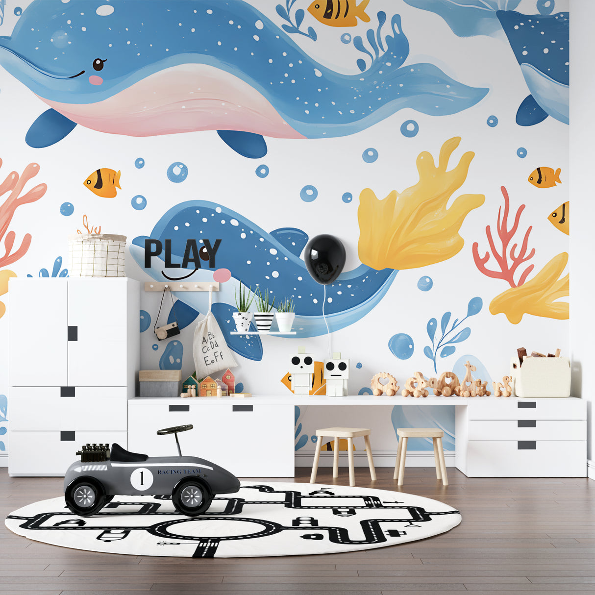 Underwater mural wallpaper displayed in modern nursery with gentle lighting
