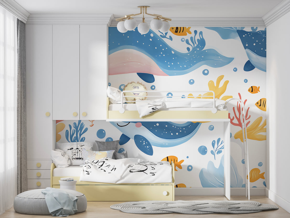 Ocean themed wallpaper creating calm atmosphere in baby room