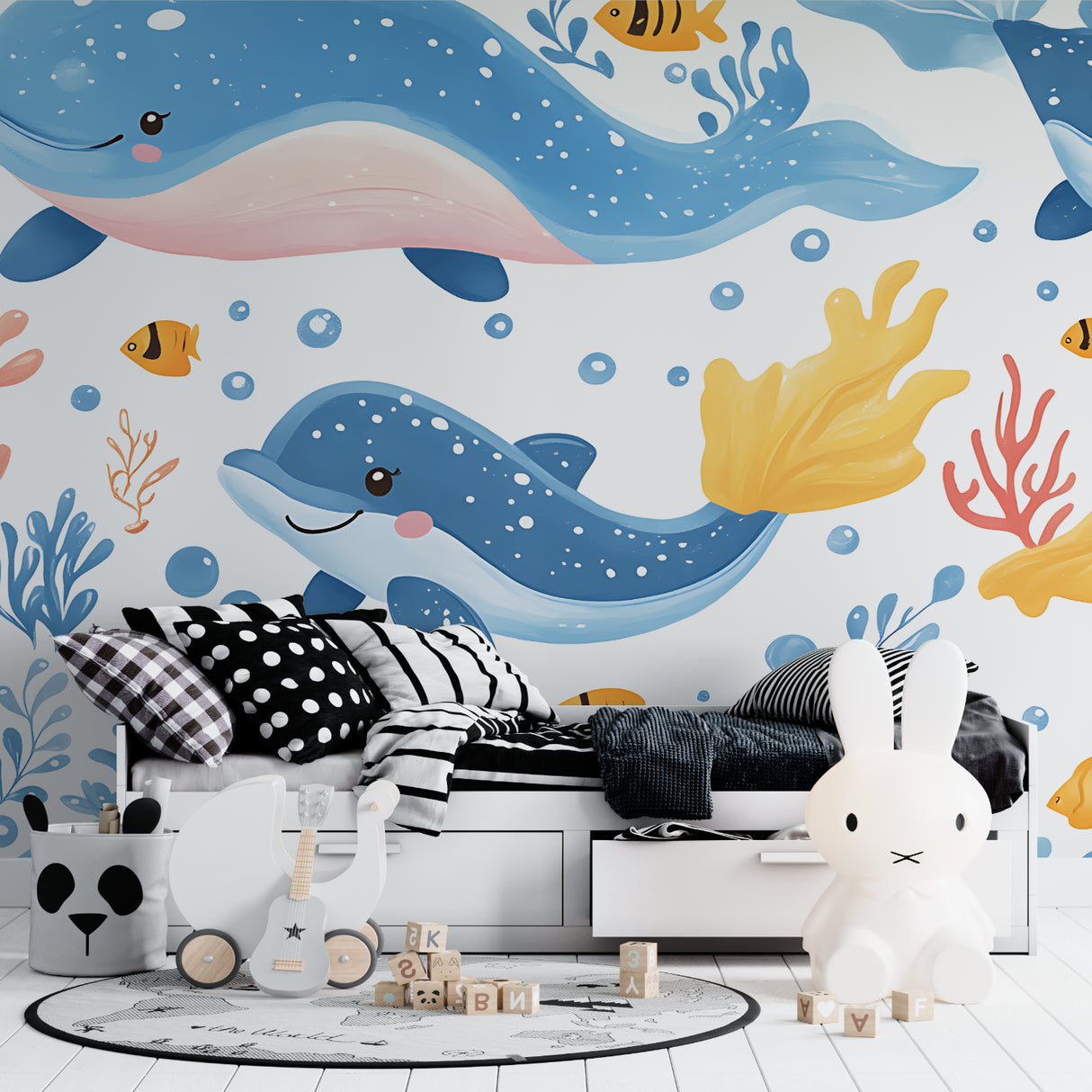 Marine life wall mural showcased in playroom setting