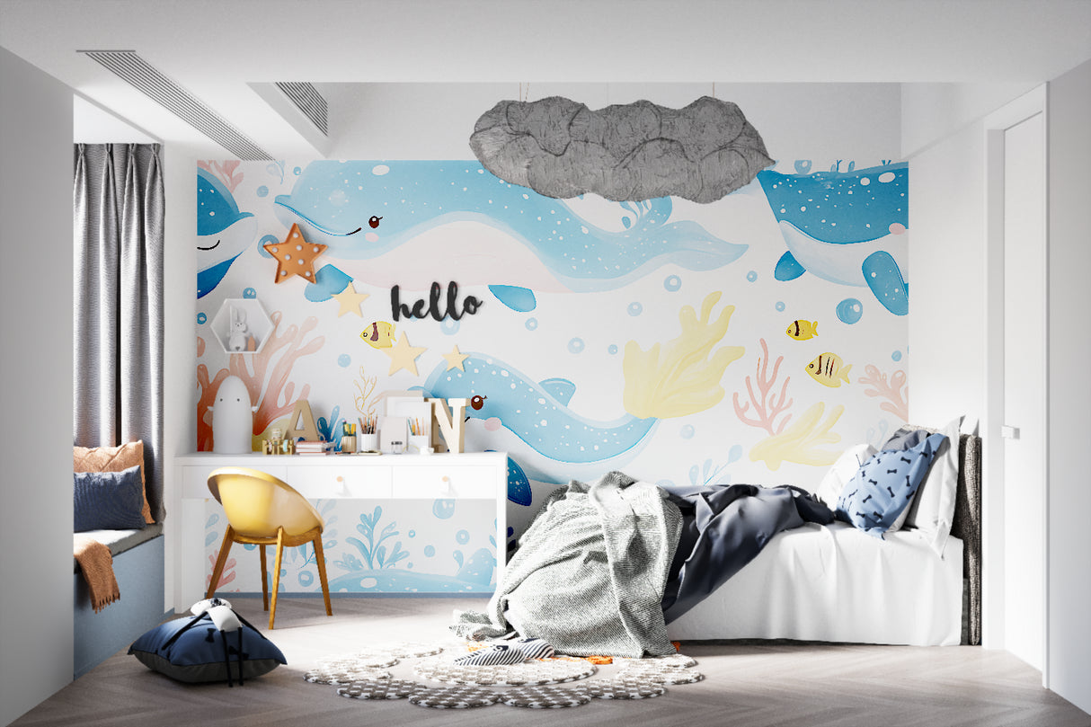 Whale wallpaper design bringing ocean vibes to reading nook