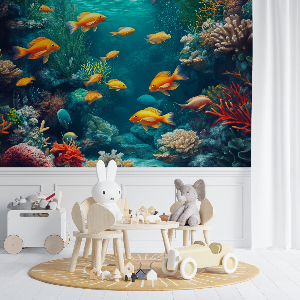 Marine Animals Wallpaper showcased in a modern living room, bringing ocean vibes to the space