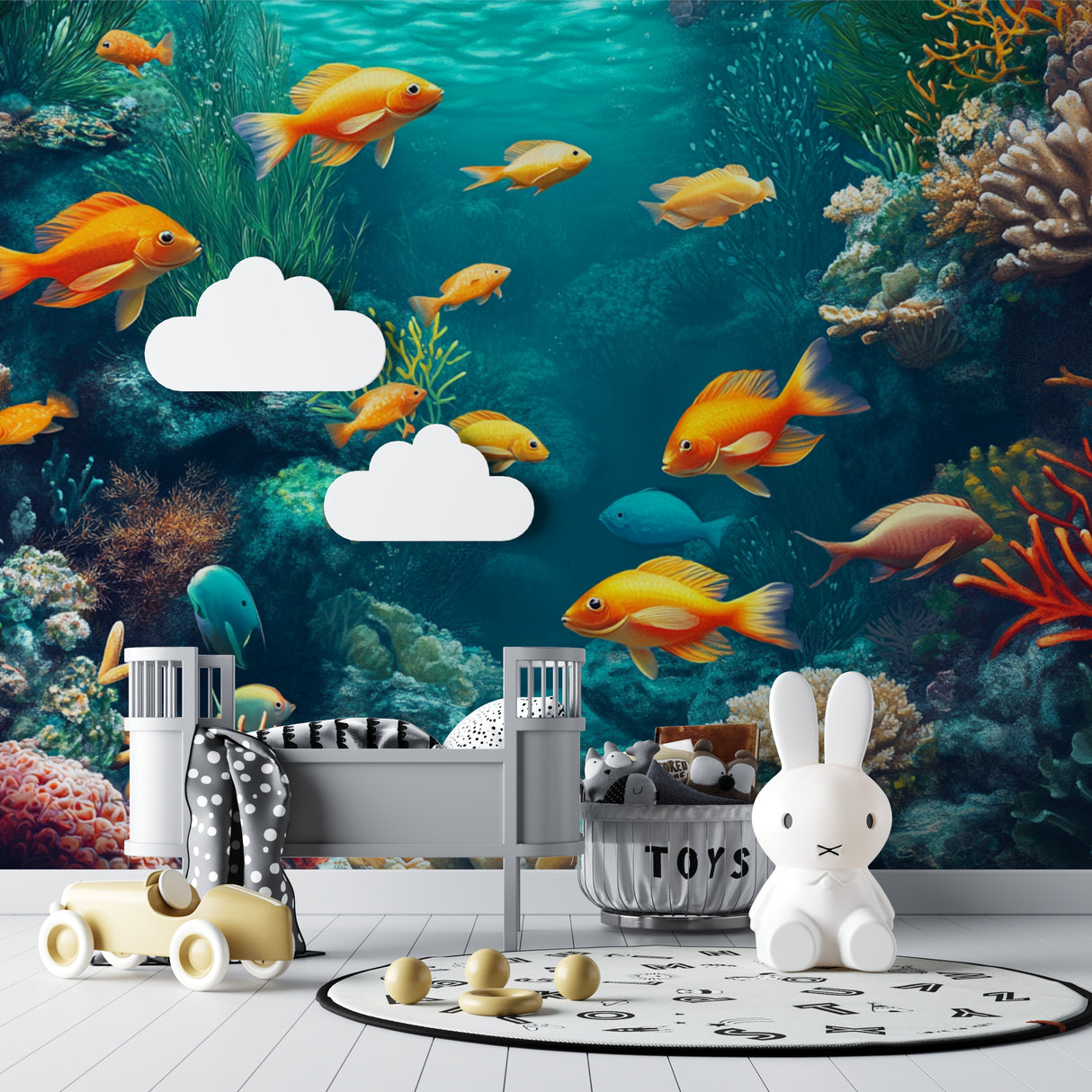 Coral reef wallpaper creating a stunning backdrop in a coastal-style bedroom