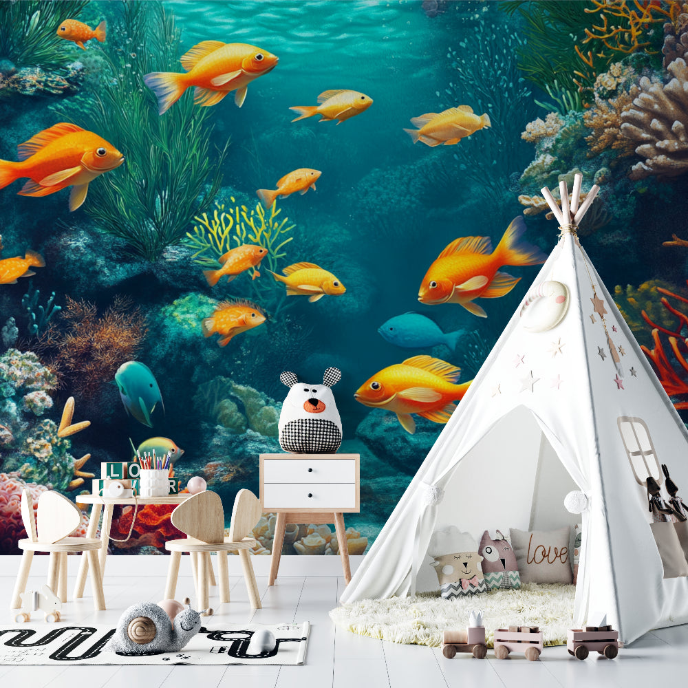Marine life wallpaper adding depth to a bathroom setting