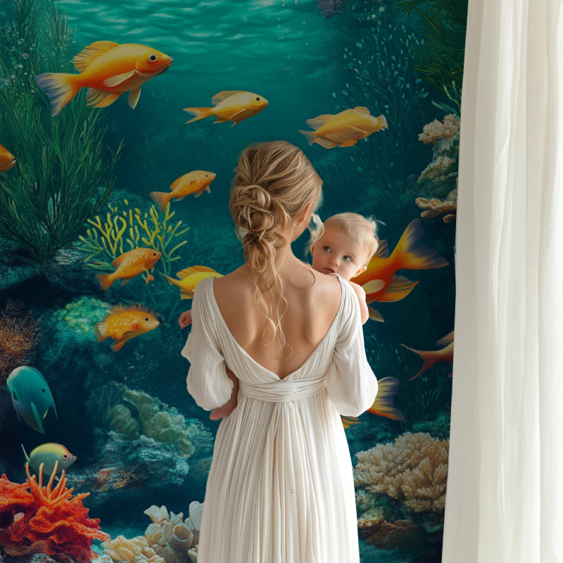 Tropical fish wallpaper creating an immersive atmosphere in a dining room