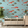 Marine life wallpaper creating an underwater scene in a modern bathroom, with tropical fish swimming against aqua blue background