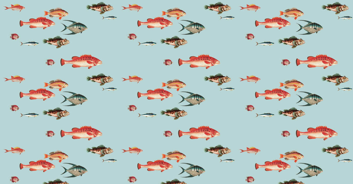 Tropical fish pattern design file showing detailed marine life illustrations on aqua background