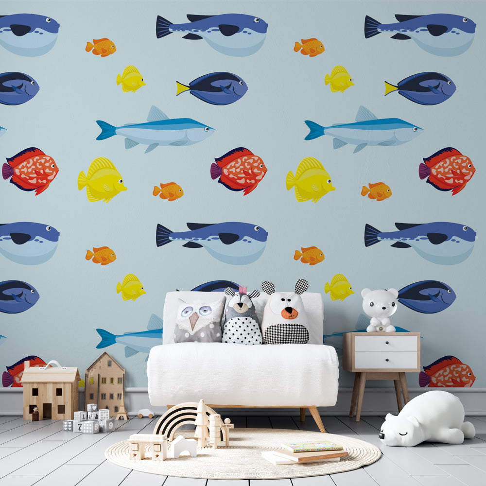 Marine life wallpaper creating an underwater feel in a modern bathroom, with blue tropical fish pattern adding depth
