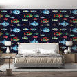 Marine life wallpaper creating an underwater atmosphere in a modern bathroom, with tropical fish swimming on navy background