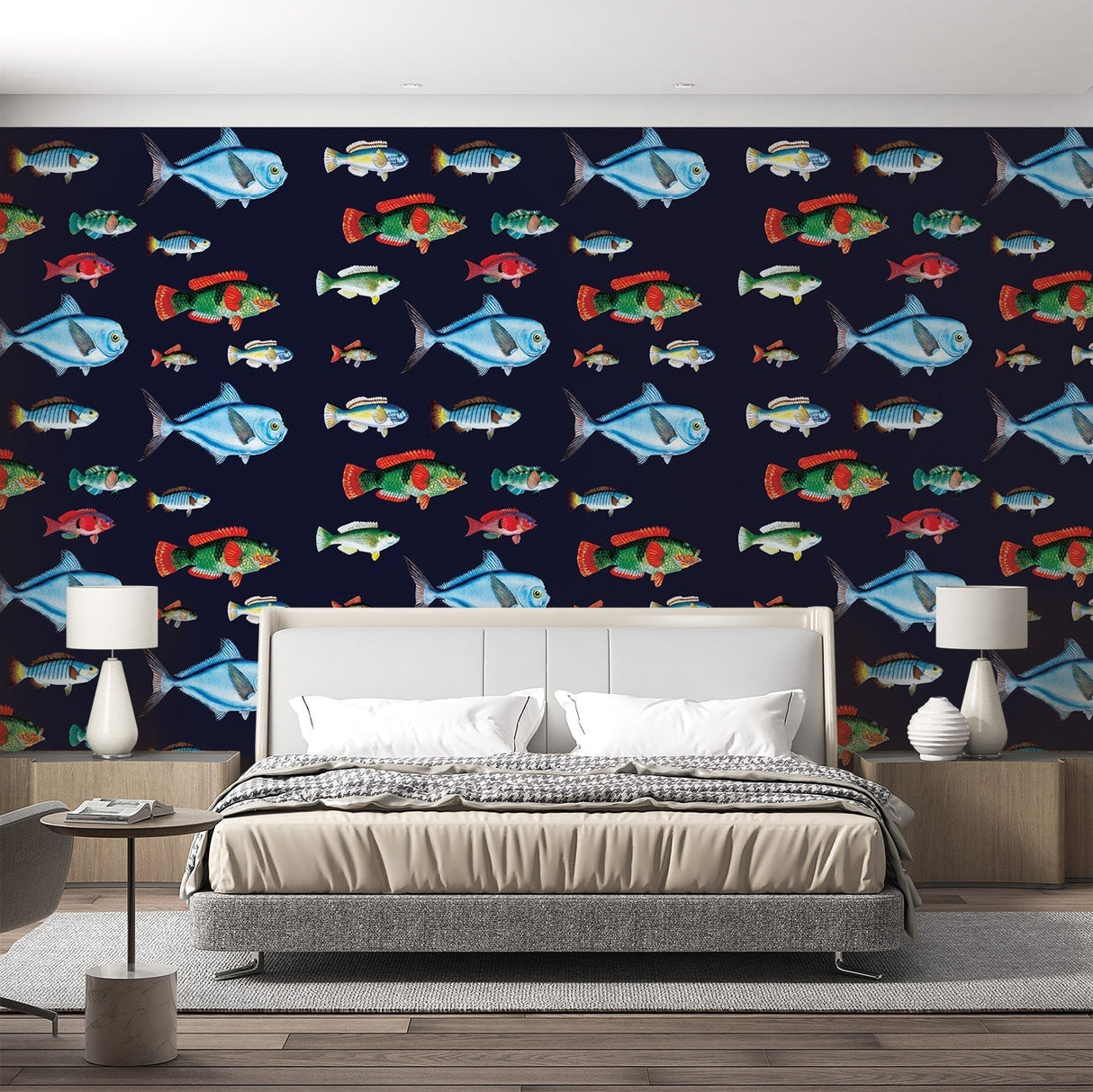 Marine life wallpaper creating an underwater atmosphere in a modern bathroom, with tropical fish swimming on navy background