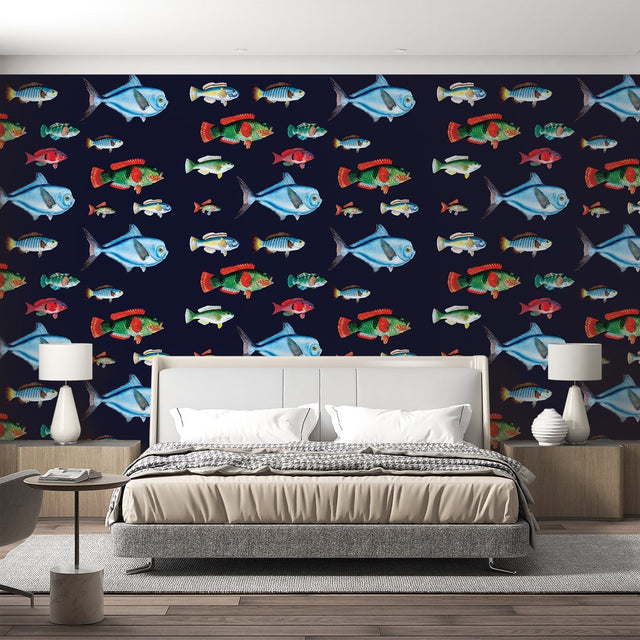Marine life wallpaper creating an underwater atmosphere in a modern bathroom, with tropical fish swimming on navy background