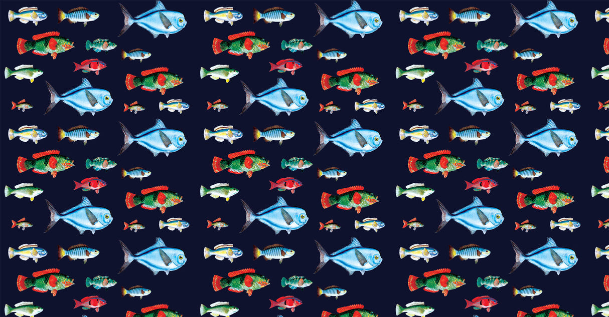 Tropical fish pattern design file showing detailed marine life illustrations on deep navy backdrop