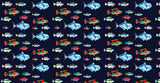 Tropical fish pattern design file showing detailed marine life illustrations on deep navy backdrop