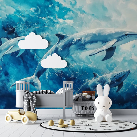 Dolphin wallpaper mural bringing life to a modern living room with blue accents