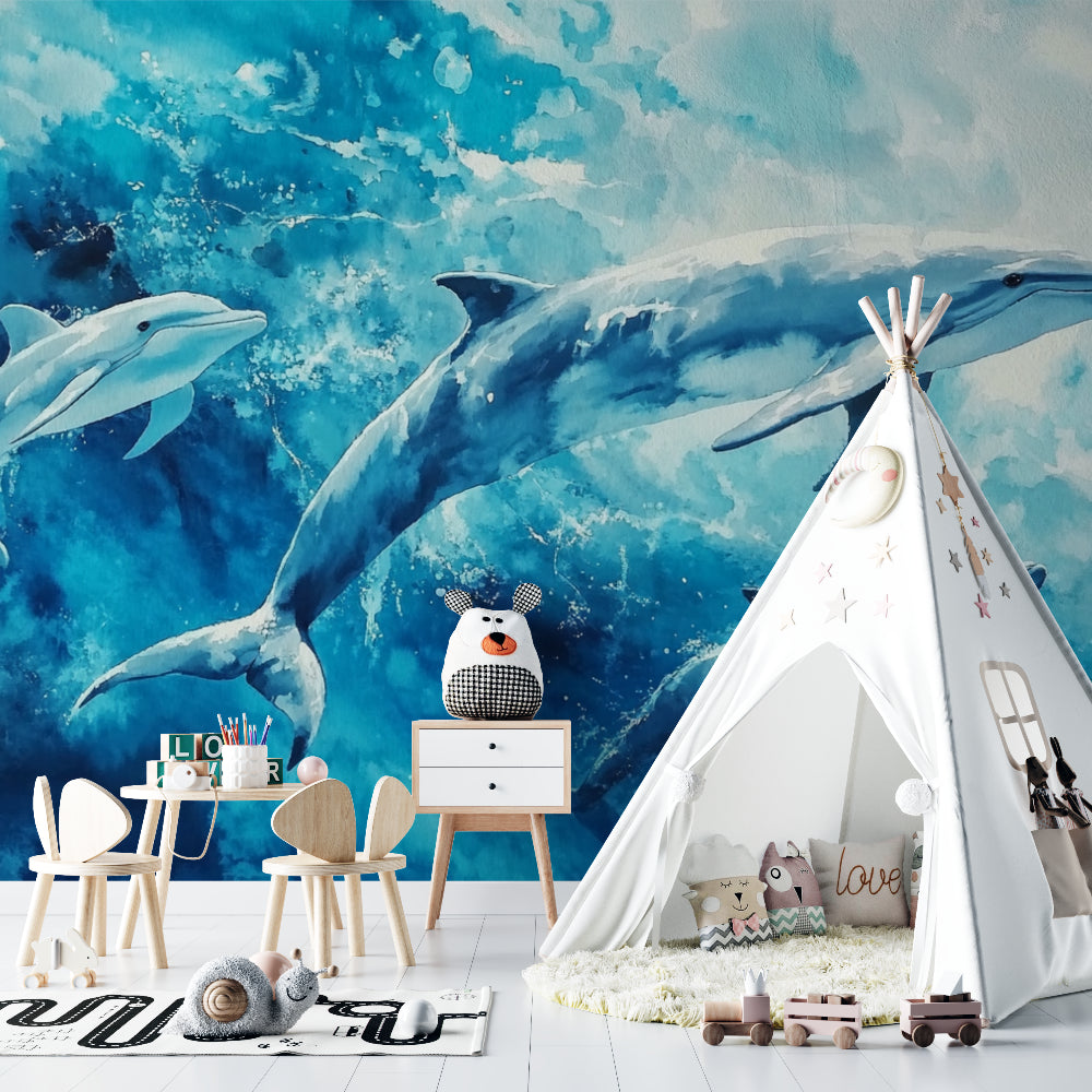 Marine animals wallpaper creating a peaceful atmosphere in a child's bedroom