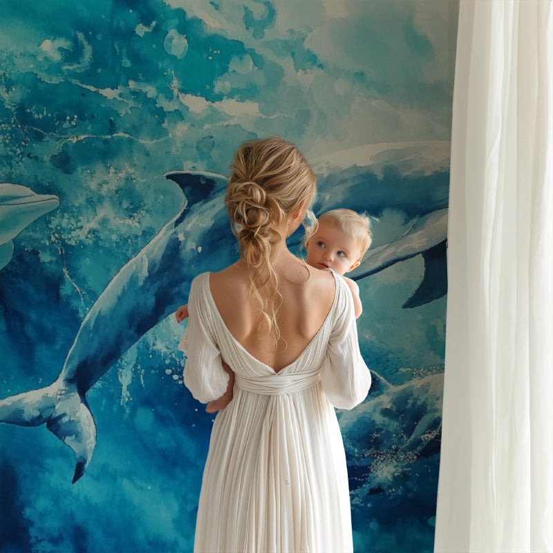 Ocean life wallpaper transforming a bathroom into an underwater paradise