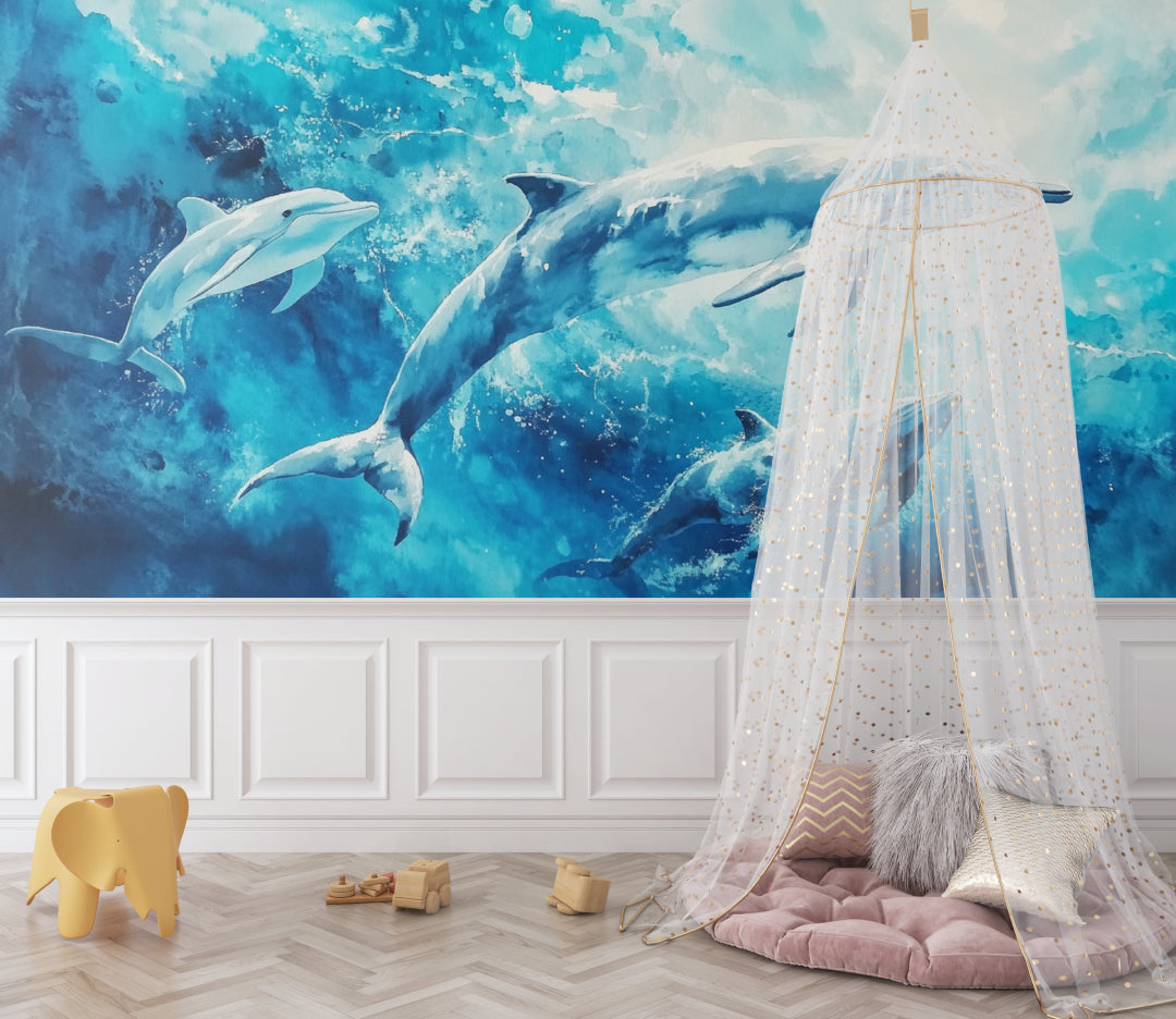 Watercolor dolphin mural adding movement to a playroom wall