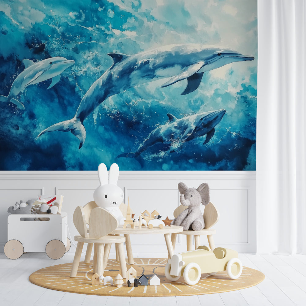 Dolphin wall mural bringing coastal charm to a nursery space