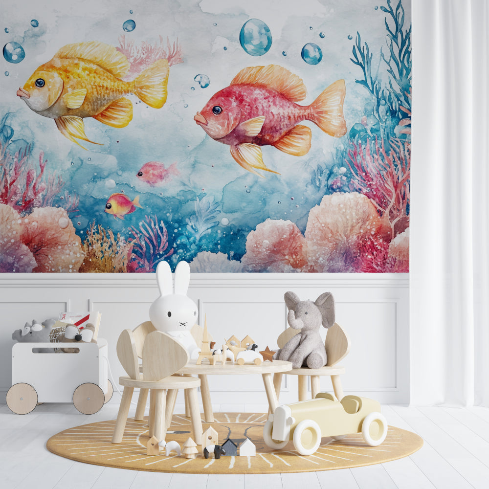 Marine animals wallpaper in bright kids bedroom showing colorful fish and coral design