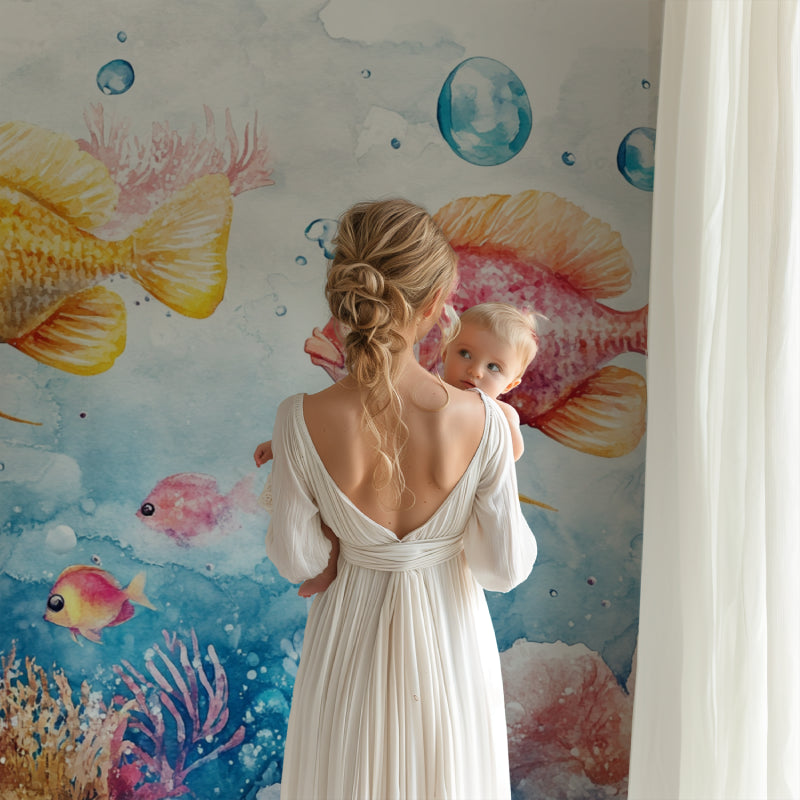 Underwater wallpaper mural creating calm atmosphere in modern bathroom