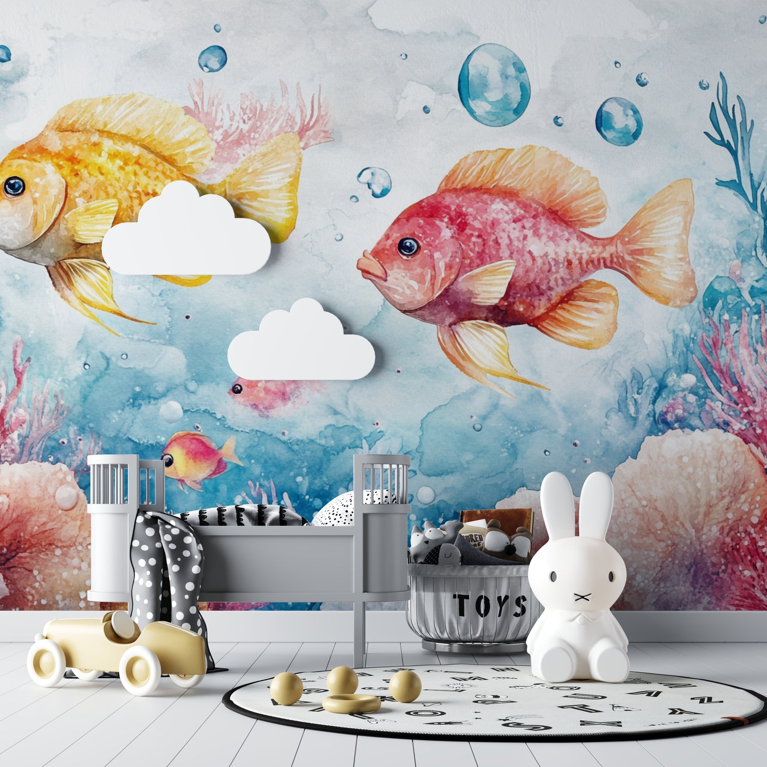 Marine life wallpaper bringing ocean vibes to cozy reading nook
