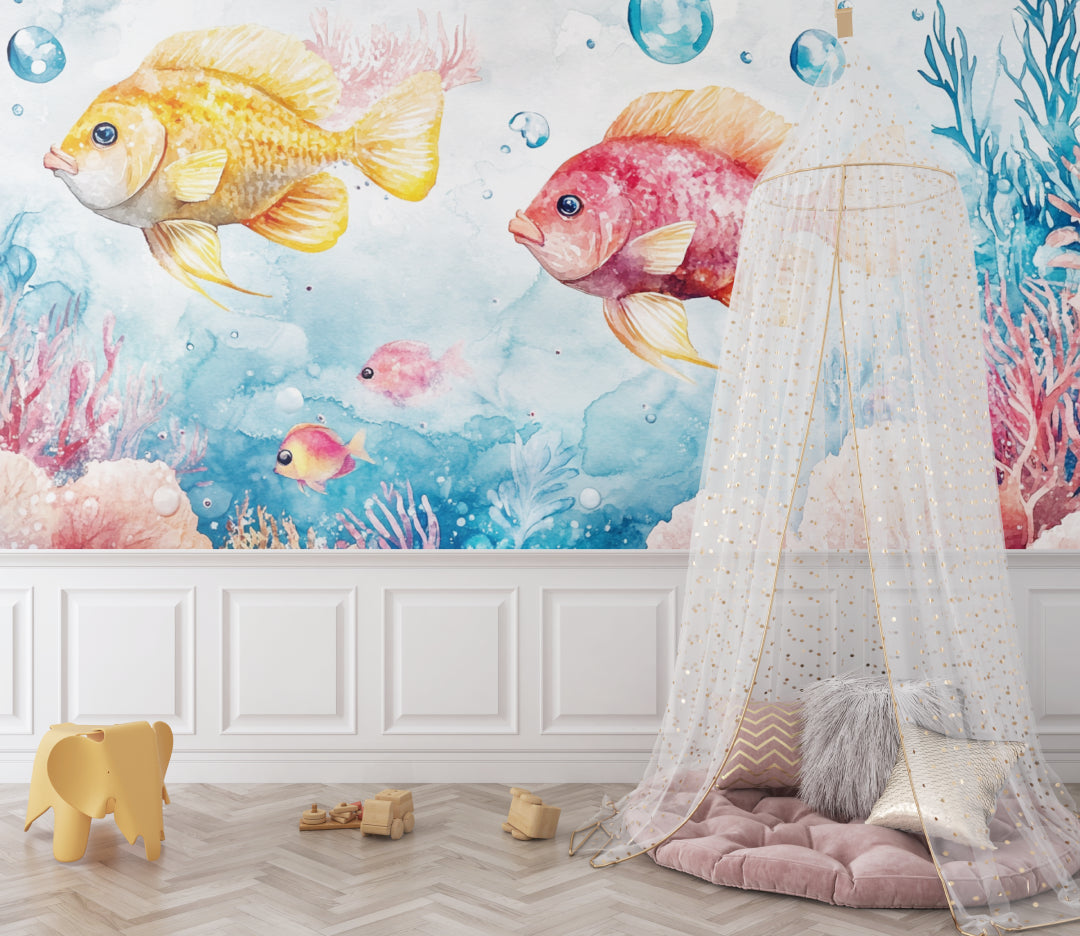 Fish and coral wallpaper adding underwater magic to playroom wall