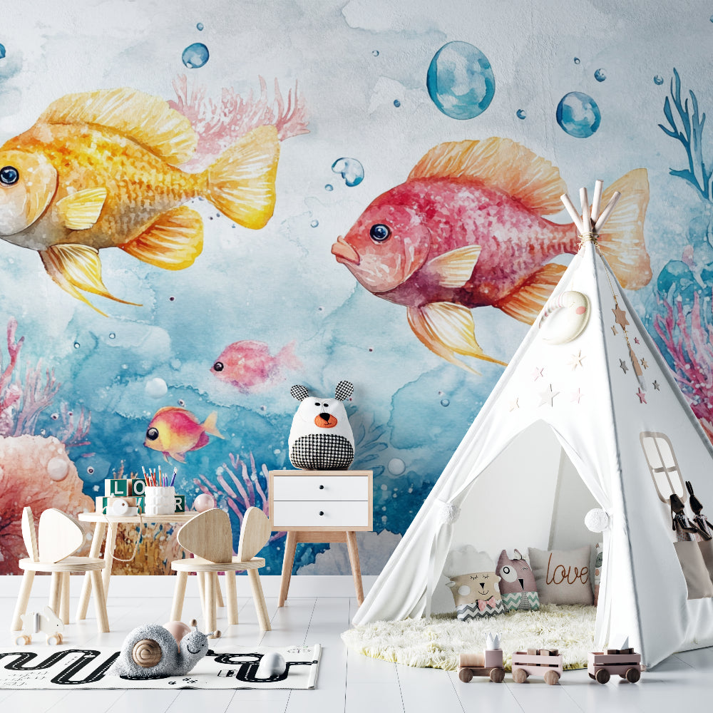 Ocean themed wallpaper transforming nursery with soft watercolor design