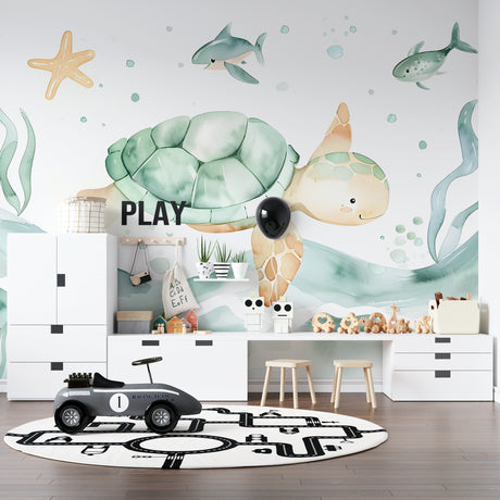 Marine animals wallpaper creating a soothing atmosphere in a modern nursery with mint green accents