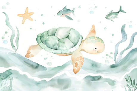 Marine animals wallpaper design file showing detailed watercolor turtle and fish pattern