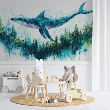 Marine animals wallpaper creating a dreamy atmosphere in a modern living room with floating whale design