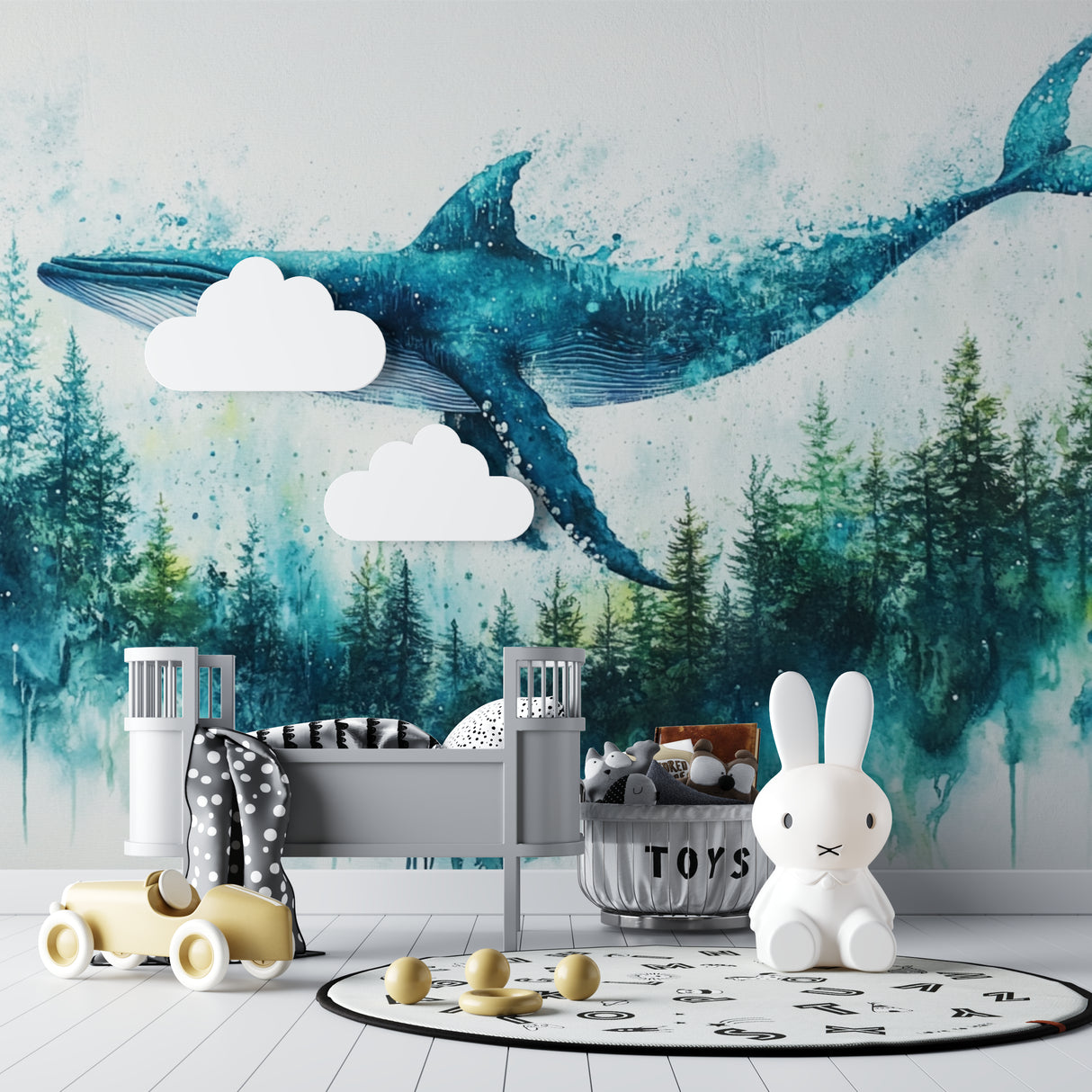 Ocean theme wallpaper transforming a home office with ethereal whale and forest scene