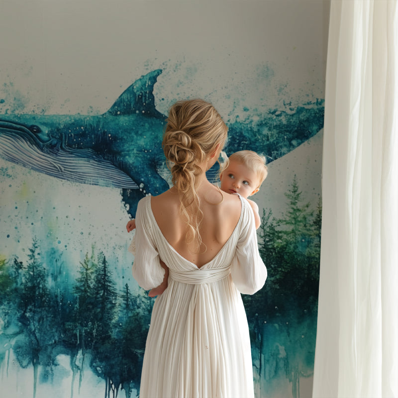 Marine life wallpaper creating a calm atmosphere in a meditation room