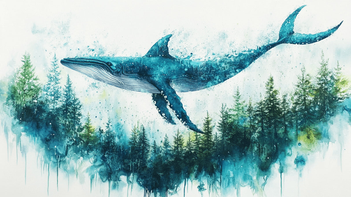 Design file showing detailed watercolor whale swimming above mystical forest pattern