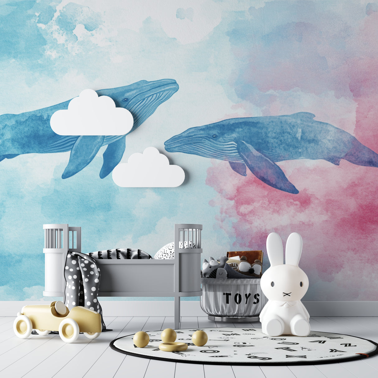 Watercolor whale mural bringing ocean magic to a modern living room space