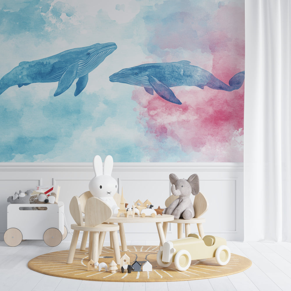 Whale wall mural creating depth in a playroom with soft pastel colors