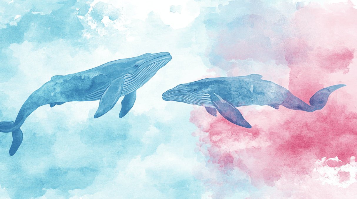 Design file showing detailed watercolor whales swimming through pink and blue pastel clouds