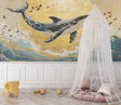 Marine wallpaper with whale and butterflies styled in modern nursery with natural light