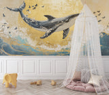 Marine wallpaper with whale and butterflies styled in modern nursery with natural light