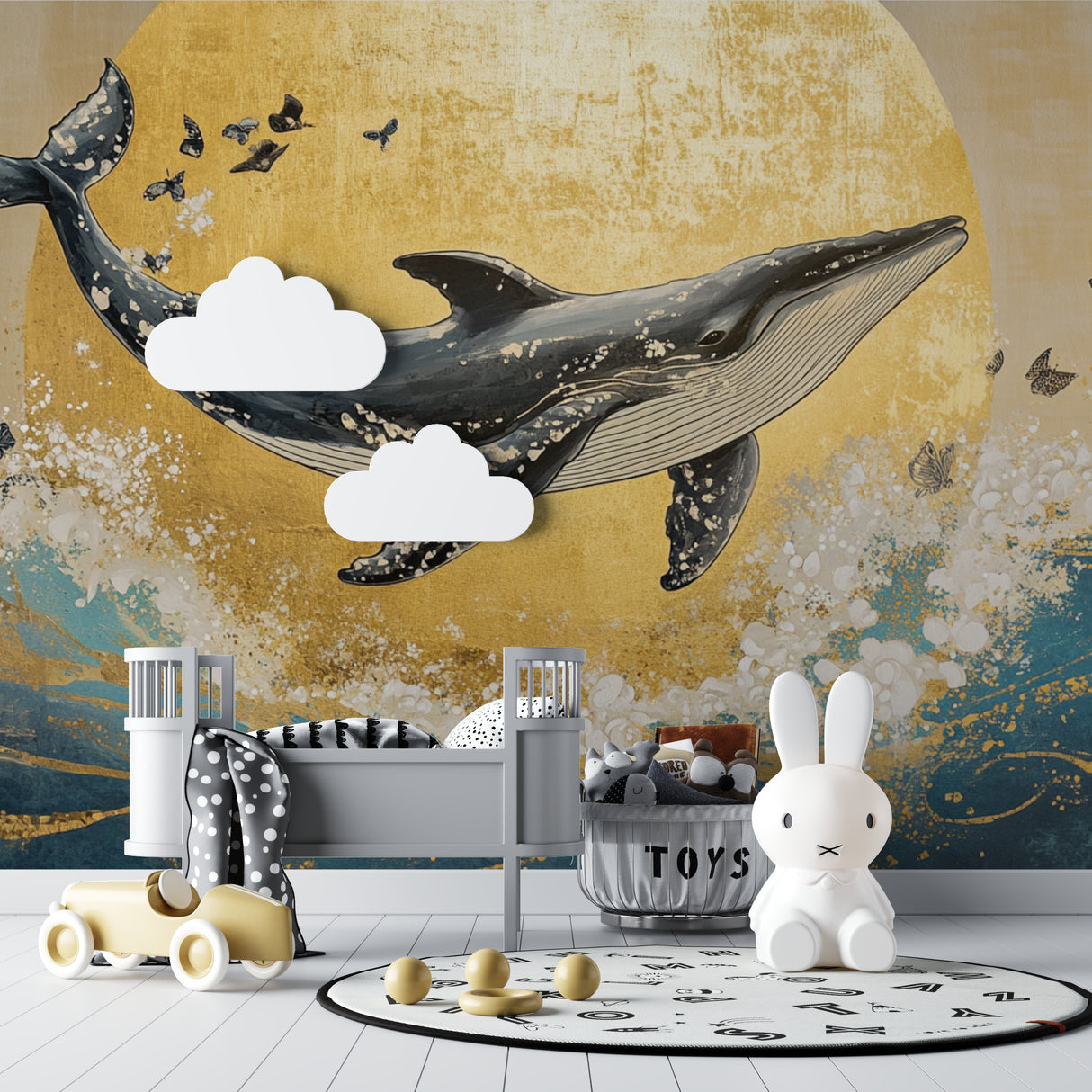 Ocean themed whale wall mural creating focal point in child's bedroom