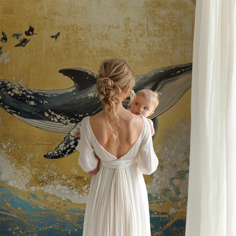 Marine life wall mural transforming playroom with ethereal underwater scene