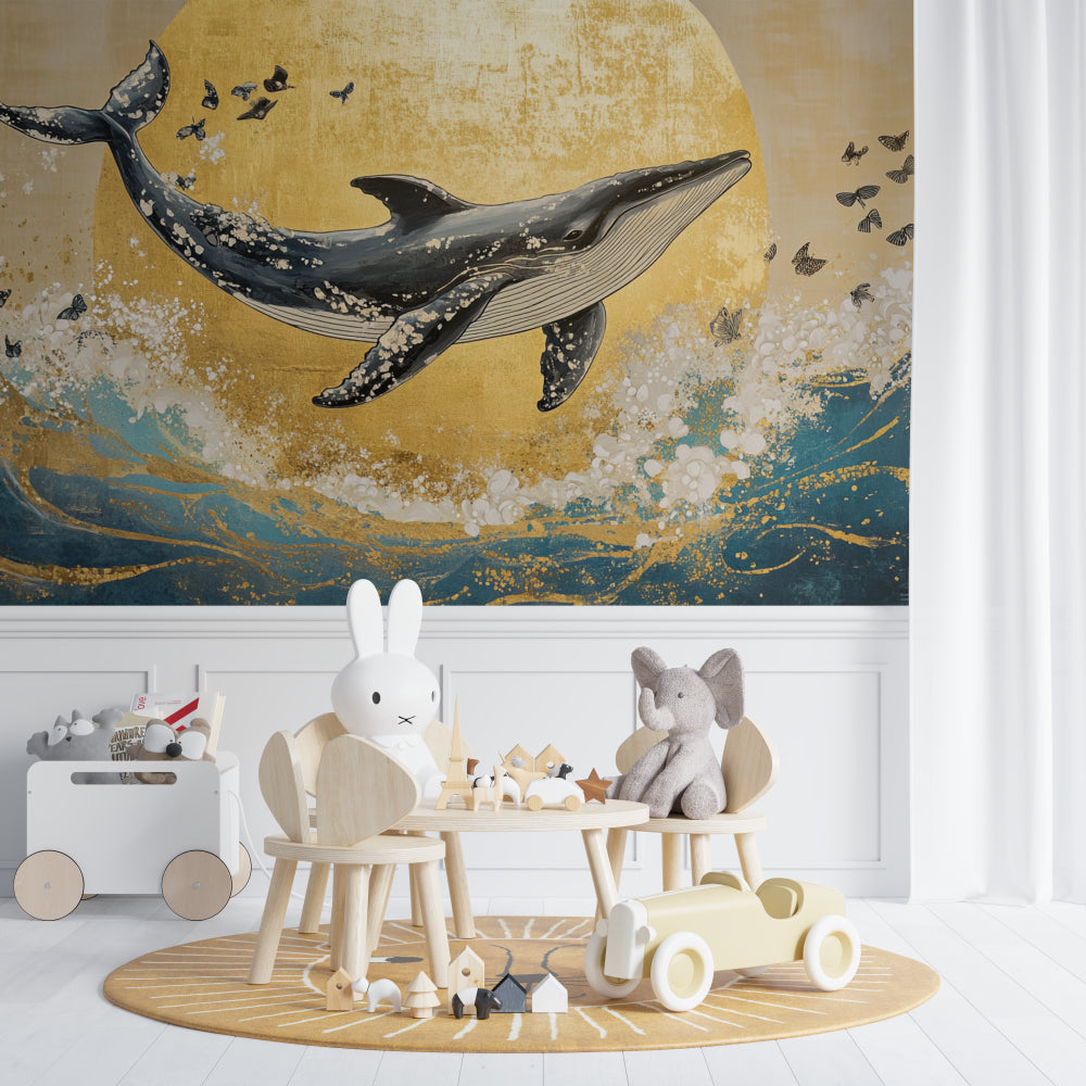 Ocean wall mural showcasing scale in open-plan living space