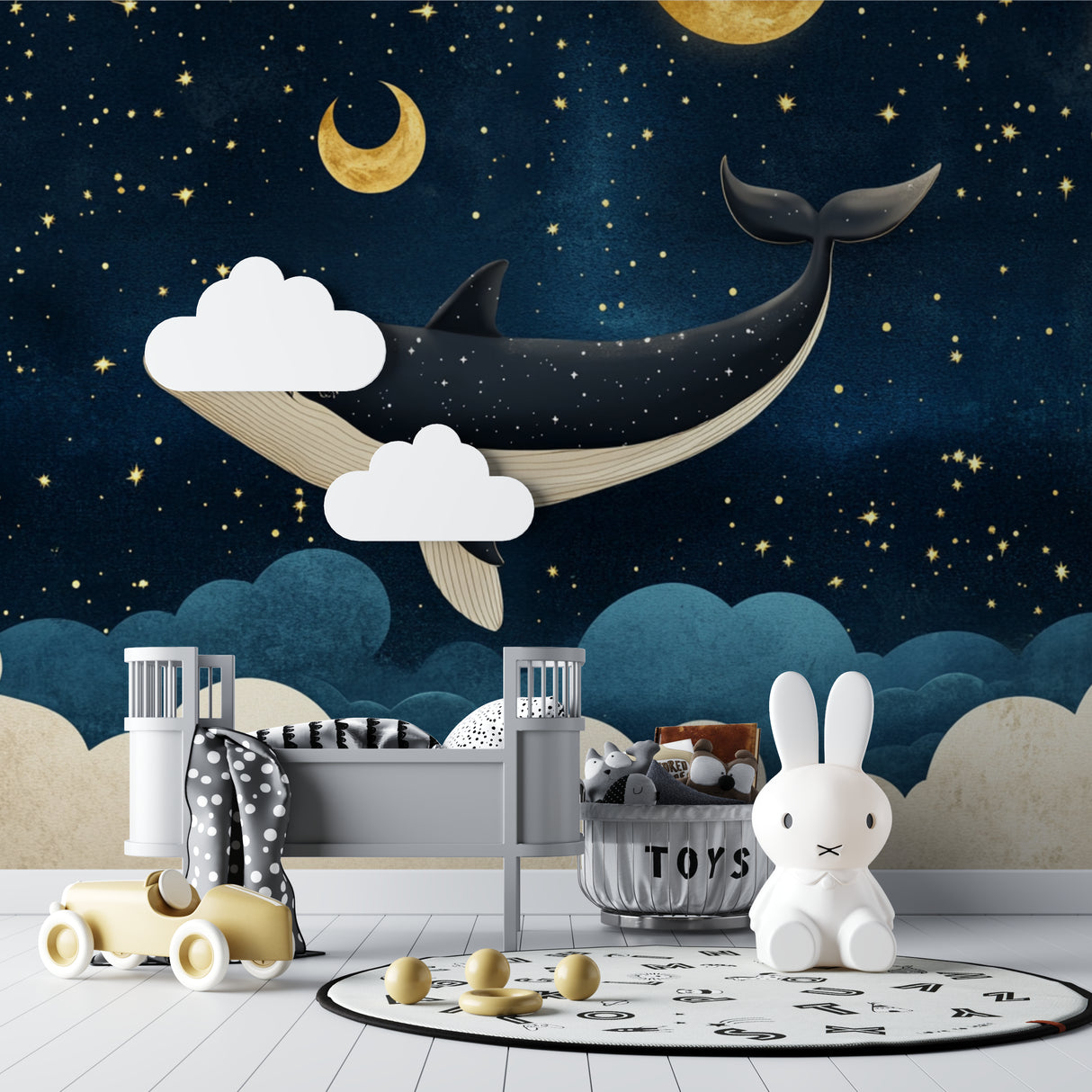Night sky whale mural adding magic to playroom space