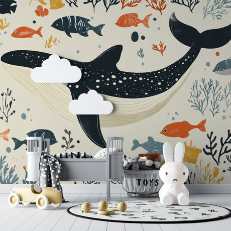 Marine animals wallpaper creating a dreamy underwater scene in a modern nursery with soft beige walls