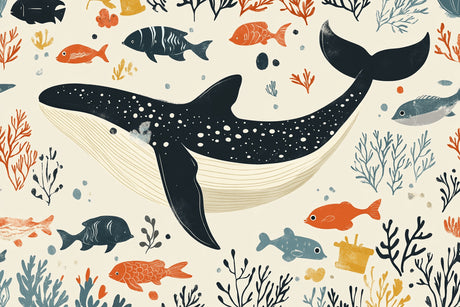 Marine animals wallpaper design file showing detailed whale and fish pattern on beige background