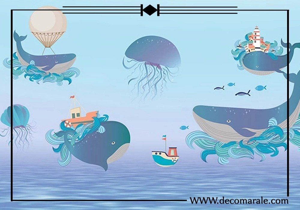 Design file showing detailed marine life pattern with whales and jellyfish in dreamy watercolor style
