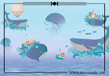 Design file showing detailed marine life pattern with whales and jellyfish in dreamy watercolor style