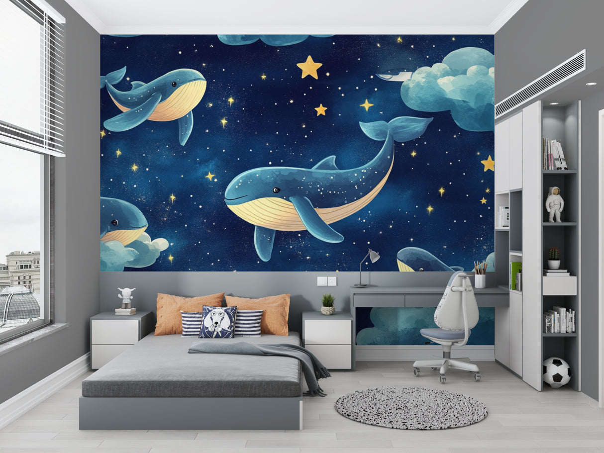 Ocean theme wallpaper transforming a kid's playroom into an underwater galaxy