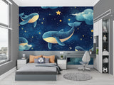 Ocean theme wallpaper transforming a kid's playroom into an underwater galaxy